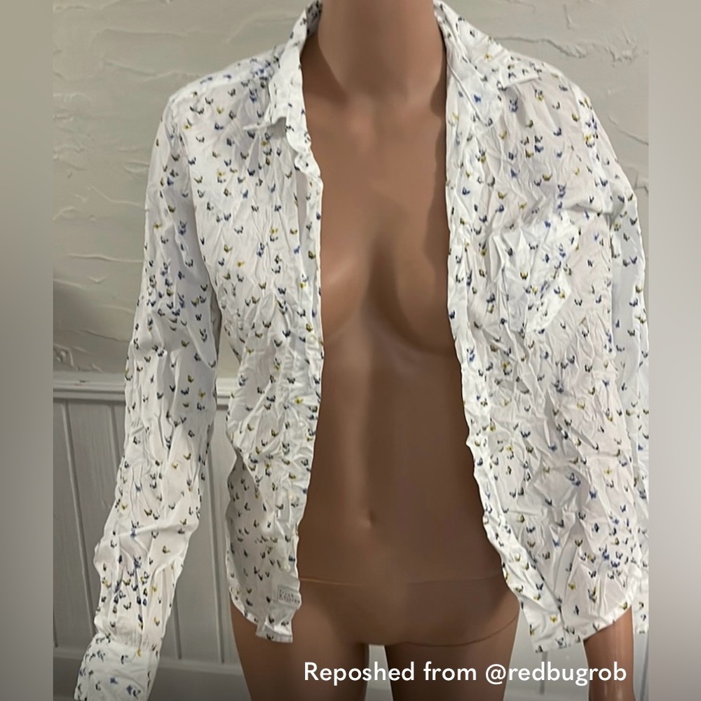 FRANK & EILEEN | White Button-Up Shirt with Blue and Yellow Pattern